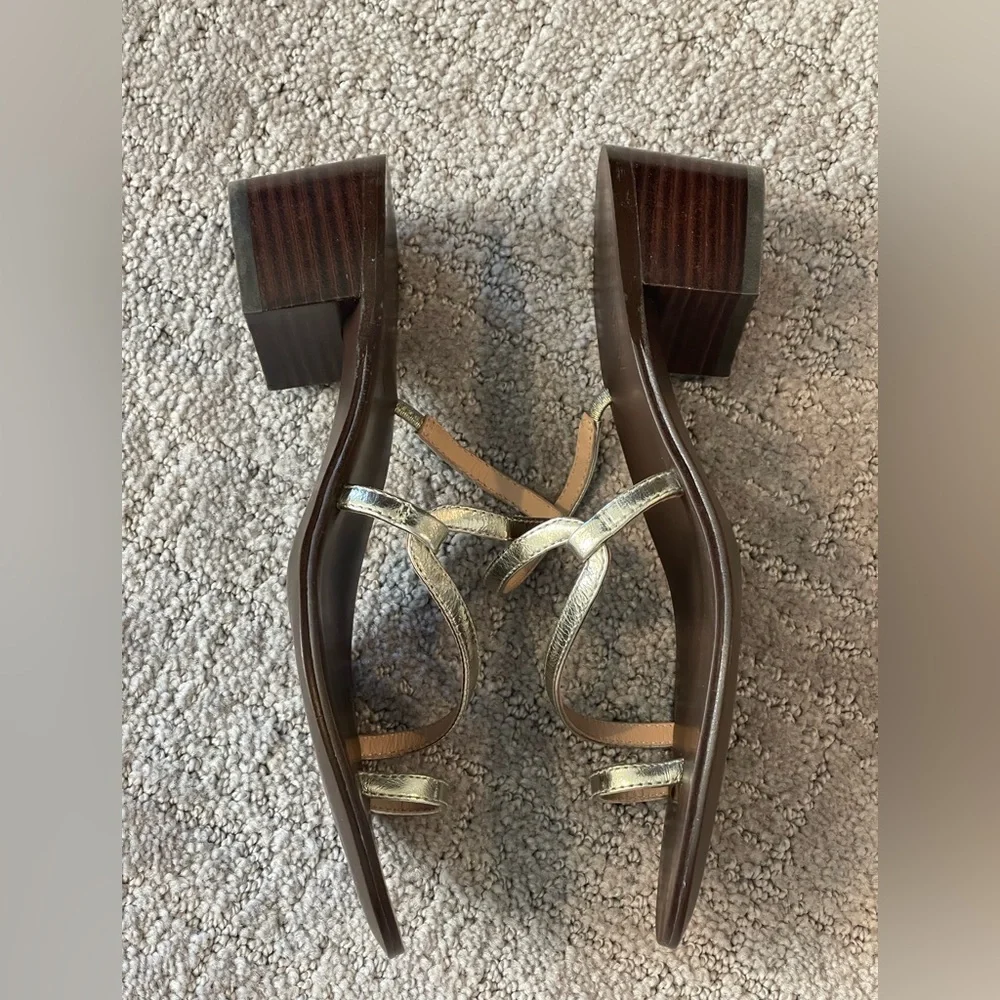 J. Crew Metallic and Brown Strappy Toe Ring Sandals, Stacked 2” Block Heel, 6